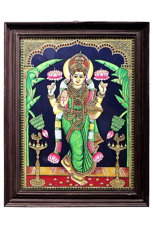 Goddess Lakshmi Tanjore Painting | Traditional Colors With 24K Gold | Teakwood Frame | Gold & Wood | Handmade | Made In India