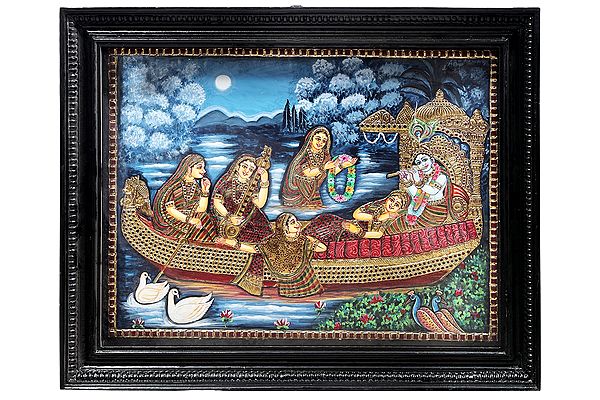 Shri Krishna and Radha With Gopis on the Ferry Boat of Love Tanjore Painting | Traditional Colors With 24K Gold | Teakwood Frame | Gold & Wood | Handmade | Made In India