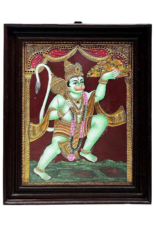 Lord Hanuman Ji Carrying Sanjeevni Booti Tanjore Painting | Traditional Colors With 24K Gold | Teakwood Frame | Gold & Wood | Handmade | Made In India