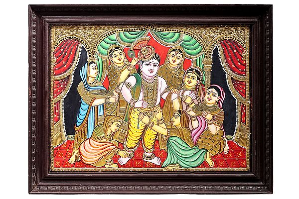 Gopies Decorating Lord Krishna Tanjore Painting | Traditional Colors With 24K Gold | Teakwood Frame | Gold & Wood | Handmade | Made In India
