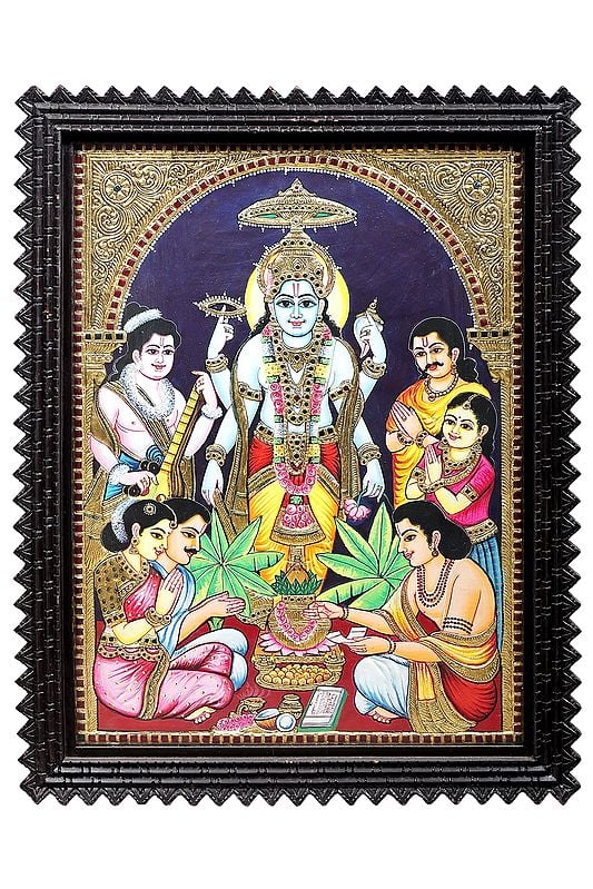 Satyanarayan Katha Tanjore Painting | Traditional Colors with 24K Gold | Teakwood Frame | Handmade | Made in India
