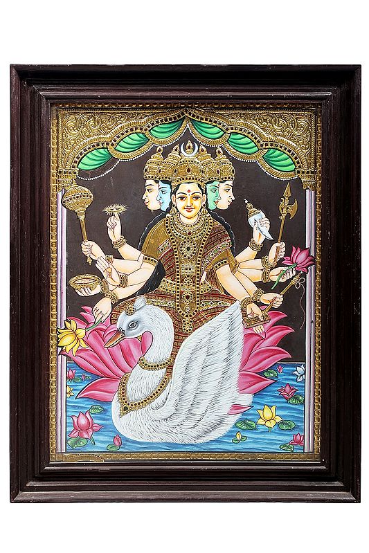 Goddess Gayatri Seated on Swan Tanjore Painting | Traditional Colors With 24K Gold | Teakwood Frame | Gold & Wood | Handmade | Made In India