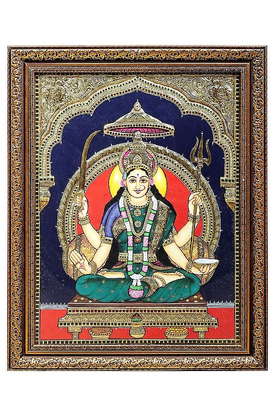 Goddess Santoshi Tanjore Painting | Traditional Colors With 24K Gold | Teakwood Frame | Gold & Wood | Handmade | Made In India