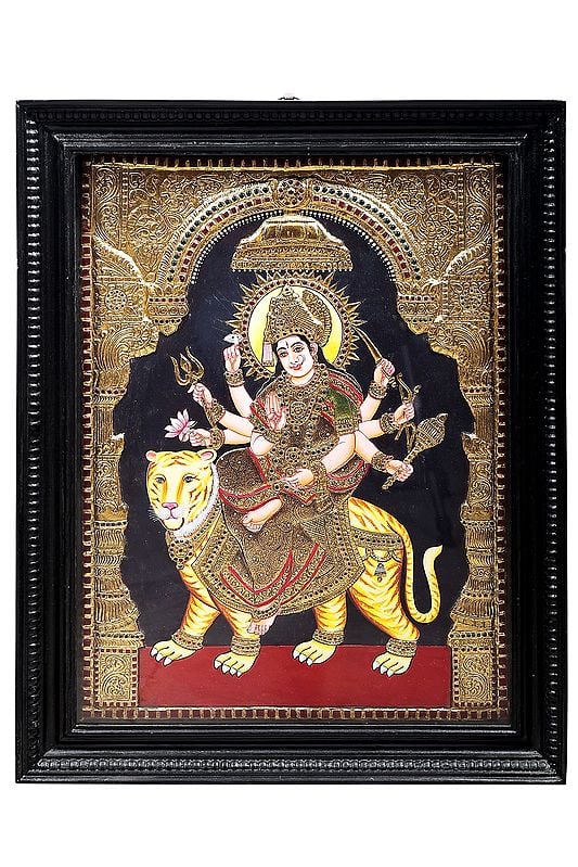 Ashtabhuja Goddess Durga Tanjore Painting with Teakwood Frame | Traditional Colors With 24K Gold | Handmade Artwork