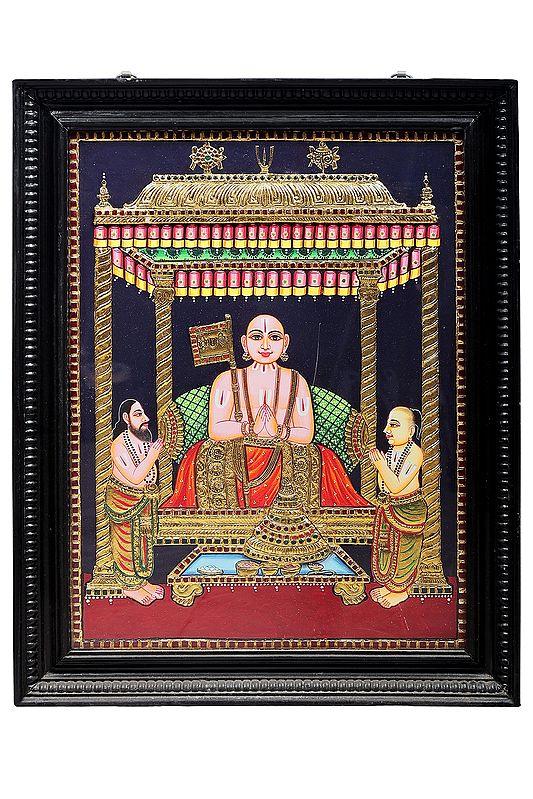 Shri Ramanuja Tanjore Painting | Traditional Colors With 24K Gold | Teakwood Frame | Gold & Wood | Handmade | Made In India