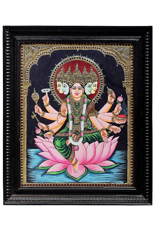 Panchamukhi Goddess Gayatri Seated on Lotus Tanjore Painting | Traditional Colors With 24K Gold | Teakwood Frame | Gold & Wood | Handmade | Made In India