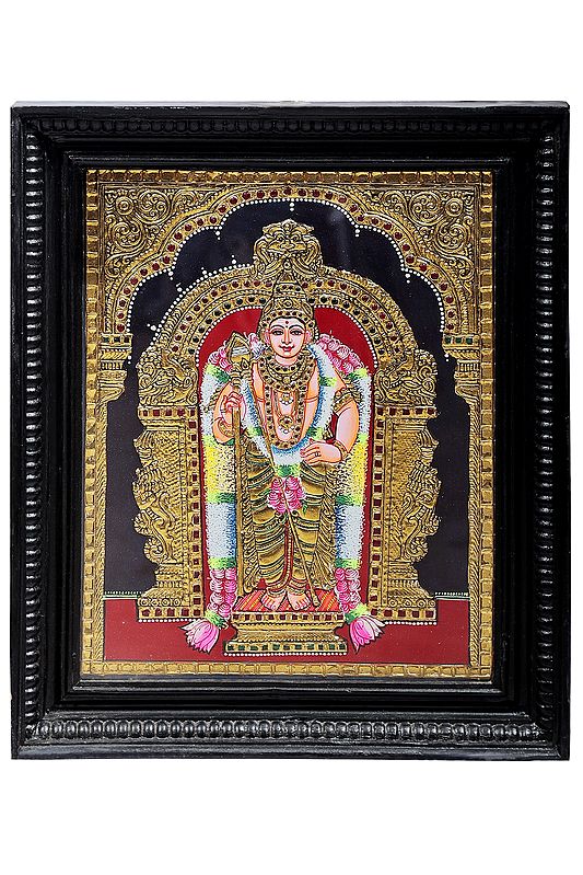 Karttikeya (Murugan) Tanjore Painting | Traditional Colors With 24K Gold | Teakwood Frame | Gold & Wood | Handmade | Made In India