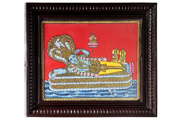 Shesha Shayi Vishnu Tanjore Painting | Traditional Colors With 24K Gold | Teakwood Frame | Gold & Wood | Handmade | Made In India
