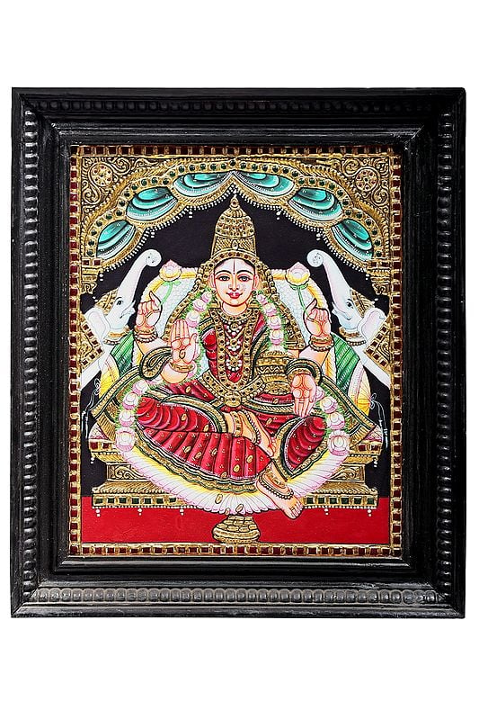 Padmasana Gajalakshmi Tanjore Painting | Traditional Colors With 24K Gold | Teakwood Frame | Gold & Wood | Handmade | Made In India