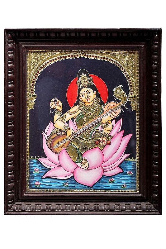 Goddess Saraswati Seated on Lotus Tanjore Painting | Traditional Colors With 24K Gold | Teakwood Frame | Gold & Wood | Handmade | Made In India