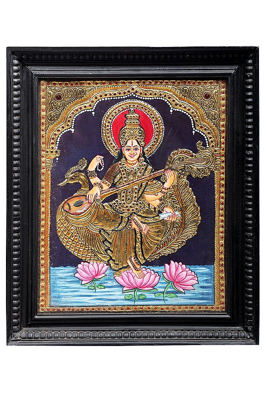 Goddess Saraswati Seated on Swan Tanjore Painting | Traditional Colors With 24K Gold | Teakwood Frame | Gold & Wood | Handmade | Made In India