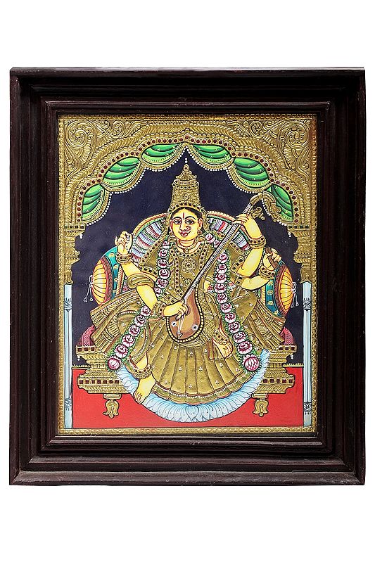 Goddess Saraswati Playing with Veena Tanjore Painting | Traditional Colors With 24K Gold | Teakwood Frame | Gold & Wood | Handmade | Made In India