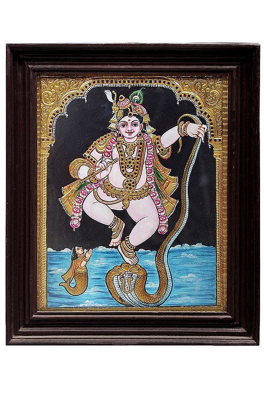 Lord Krishna Dancing on Serpent Kaliya Tanjore Painting | Traditional Colors With 24K Gold | Teakwood Frame | Gold & Wood | Handmade | Made In India