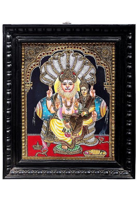 Lord Narasimha with Goddess Lakshmi Tanjore Painting | Traditional Colors With 24K Gold | Teakwood Frame | Gold & Wood | Handmade | Made In India