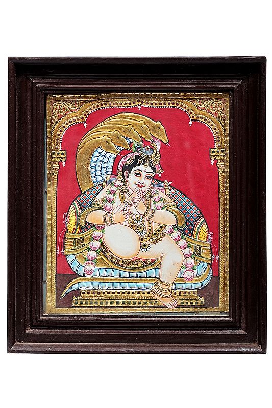 Krishna Sucking His Thumb Tanjore Painting | Traditional Colors With 24K Gold | Teakwood Frame | Gold & Wood | Handmade | Made In India