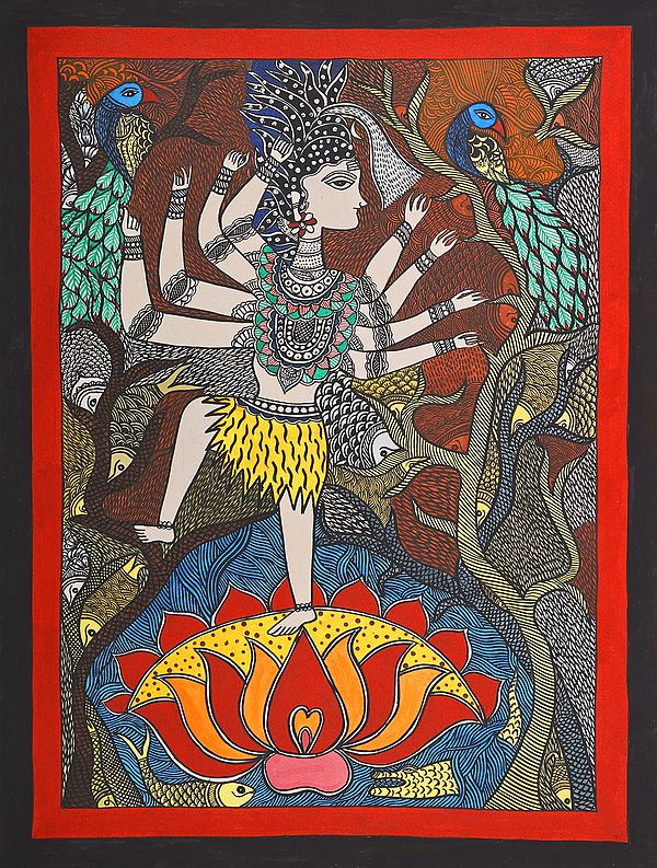 28" x 20" Lord Shiva Standing On Lotus With Fishes And Peacock |Traditional Colors | Handmade | Lord Shiva Madhubani Paintings