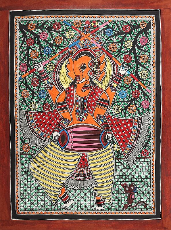 19" x 27" Dancing Ganesha Playing Dhol Along With Mushakraj |Traditional Colors | Handmade | Dancing Ganesha Madhubani Paintings