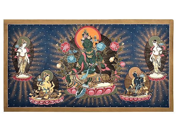 35" x 18" Goddess Green Tara - Tibetan Buddhist | Brocadeless Thangka | Handmade