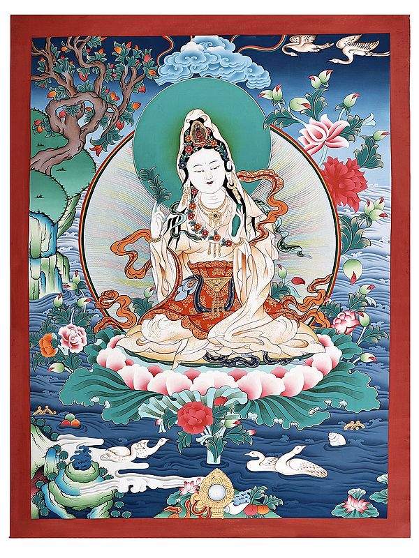 30" x 22" Quan Yin (Goddess Vidya) | Brocadeless Thangka | Handmade