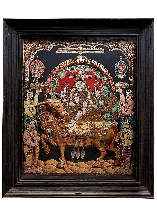 Superfine Lord Shiva with Parvati Seated on Nandi Tanjore Painting | Traditional Colors With 24K Gold | Teakwood Frame | Gold & Wood | Handmade | Made In India