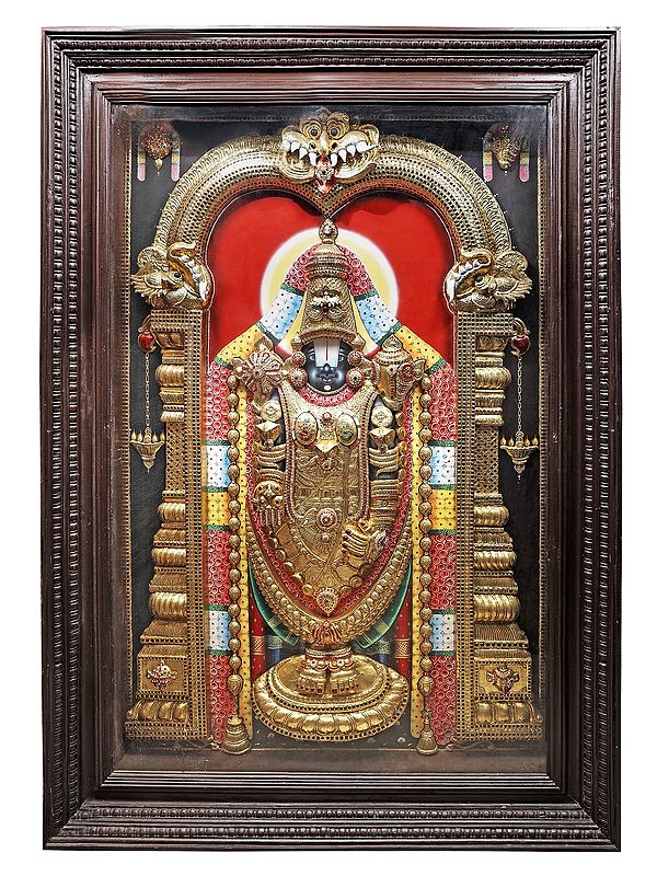 Super Fine Lord Venkateshvara as Balaji Tanjore Painting | Traditional Colors With 24K Gold | Teakwood Frame | Gold & Wood | Handmade | Made In India