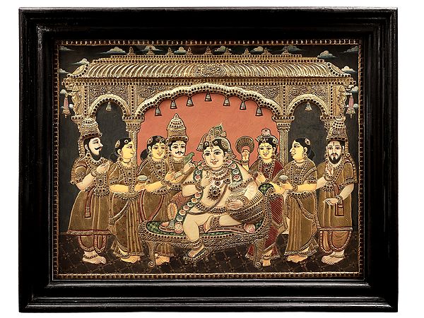 Navaneeta Krishna Tanjore Painting | Traditional Colors With 24K Gold | Teakwood Frame | Handmade