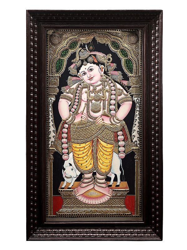 Standing Navaneeta Krishna Tanjore Painting | Traditional Colors With 24K Gold | Teakwood Frame | Handmade