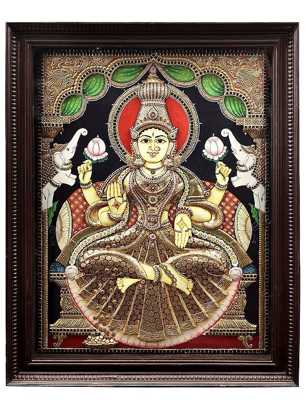 Gajalakshmi Wearing a Superfine Saree Tanjore Painting | Traditional Colors With 24K Gold | Teakwood Frame | Handmade