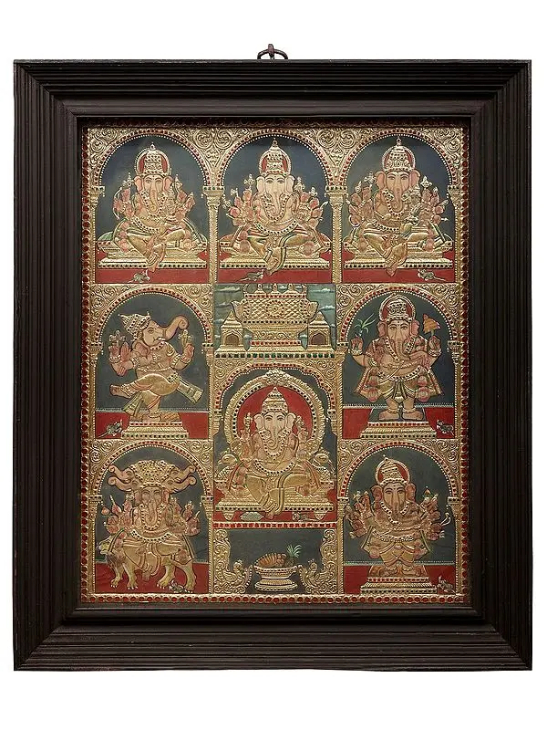 Lord Ashtaganesha Tanjore Painting | Traditional Colors With 24K Gold | Teakwood Frame | Gold & Wood | Handmade