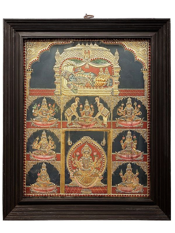 Lord Vishnu with Ashtalakshmi Tanjore Painting | Traditional Colors With 24K Gold | Teakwood Frame | Gold & Wood | Handmade