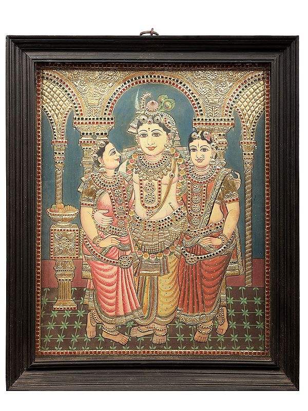 Satyabhama Rukmani with Krishna Tanjore Painting | Traditional Colors With 24K Gold | Teakwood Frame | Gold & Wood | Handmade