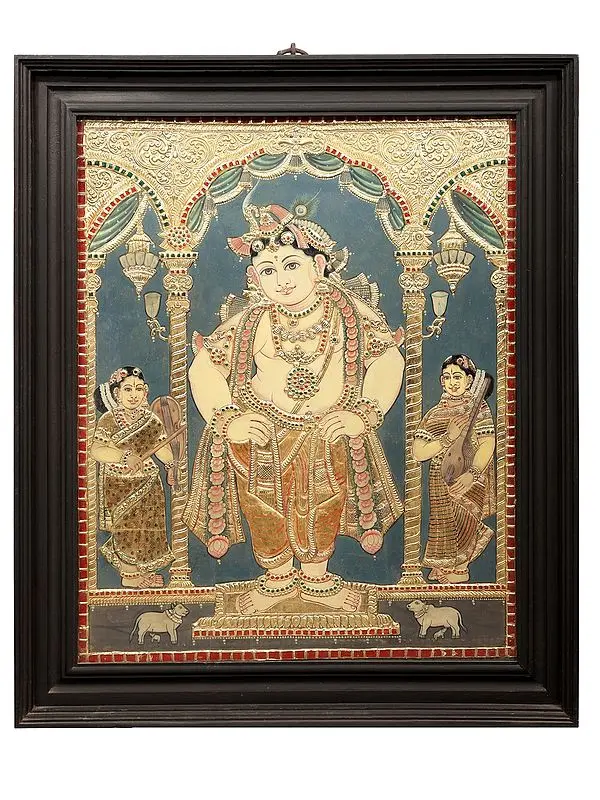 Vithoba Krishna Tanjore Painting | Traditional Colors With 24K Gold | Teakwood Frame | Gold & Wood | Handmade