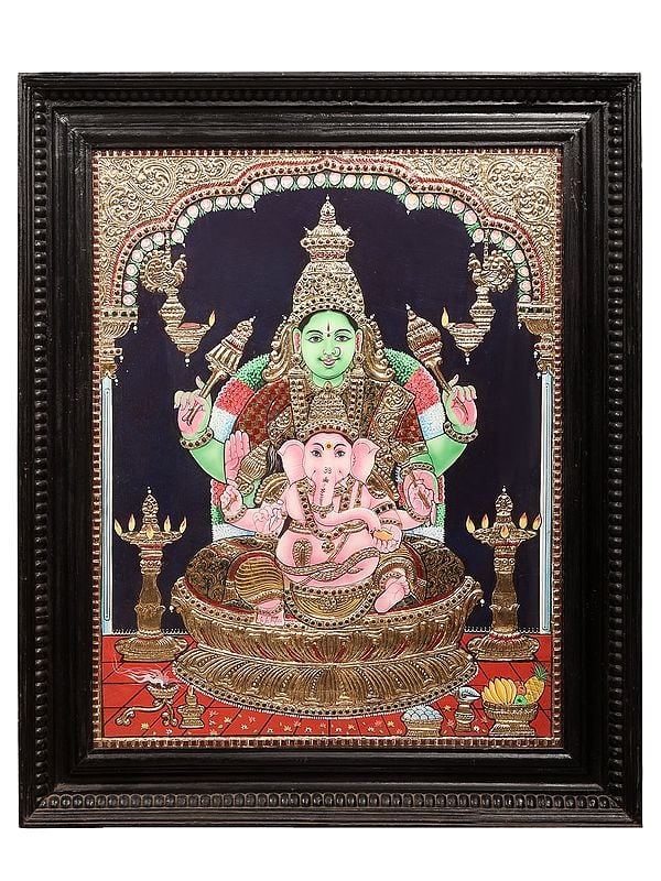 Maa Parvati with Ganesha Tanjore Painting | Traditional Colors With 24K Gold | Teakwood Frame | Gold & Wood | Handmade