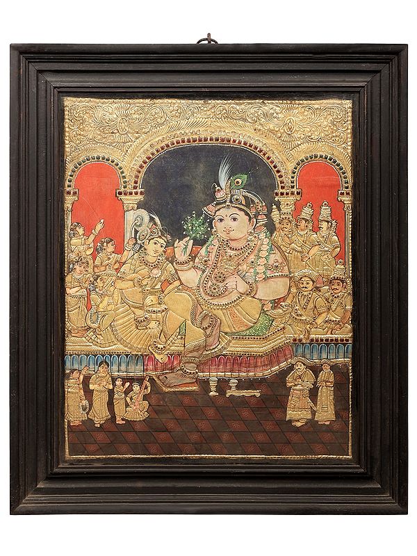 Darbar Krishna Tanjore Painting | Traditional Colors With 24K Gold | Teakwood Frame | Gold & Wood | Handmade