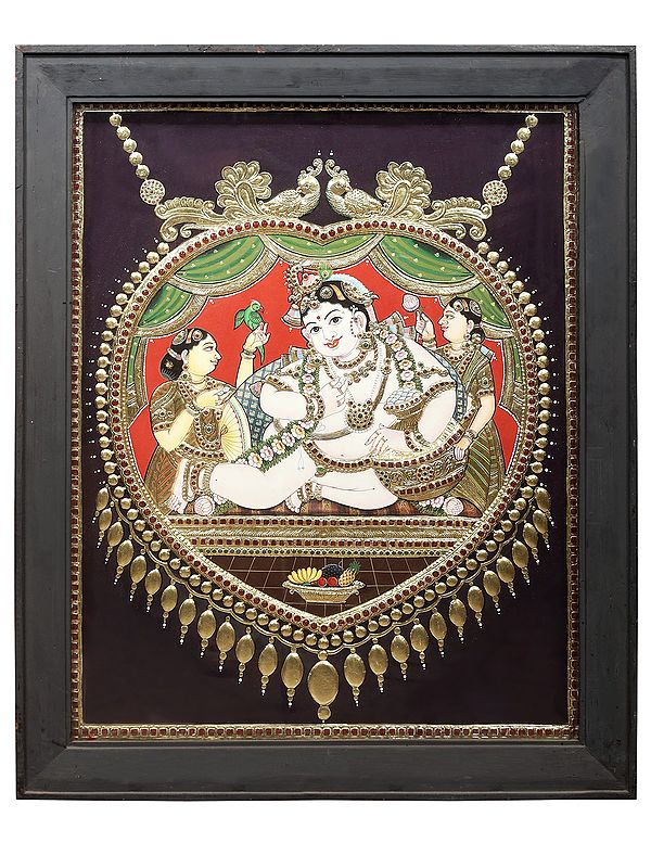 Butter Krishna Tanjore Painting | Traditional Colors With 24K Gold | Teakwood Frame | Gold & Wood | Handmade
