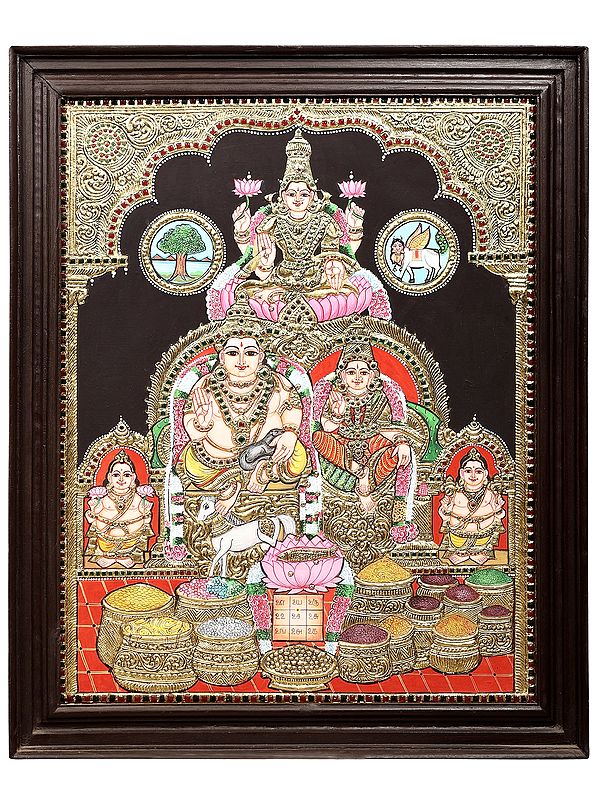 Kubera and Lakshmi Tanjore Painting | Traditional Colors With 24K Gold | Teakwood Frame | Gold & Wood | Handmade