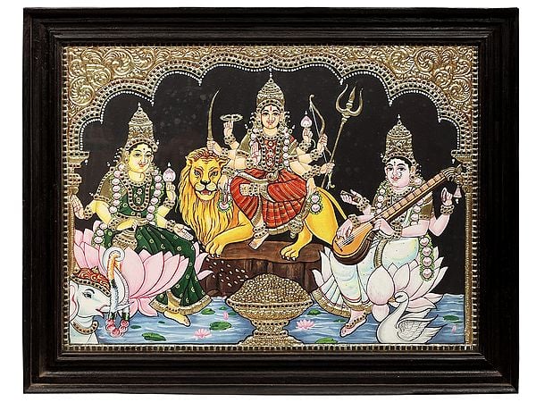 Goddess Durga, Lakshmi and Saraswati Tanjore Painting | Traditional Colors With 24K Gold | Teakwood Frame | Gold & Wood | Handmade