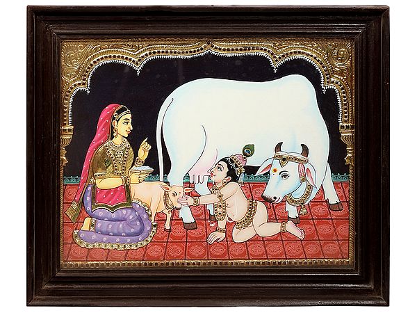 Bal Krishna with Maiya Yashoda Tanjore Painting | Traditional Colors With 24K Gold | Teakwood Frame | Handmade