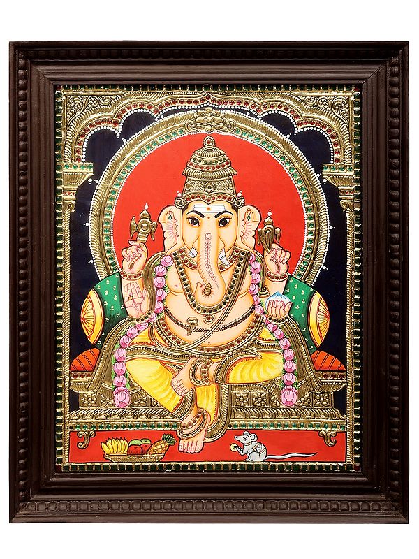 Lord Ganesha Tanjore Painting | Traditional Colors With 24K Gold | Teakwood Frame | Gold & Wood | Handmade