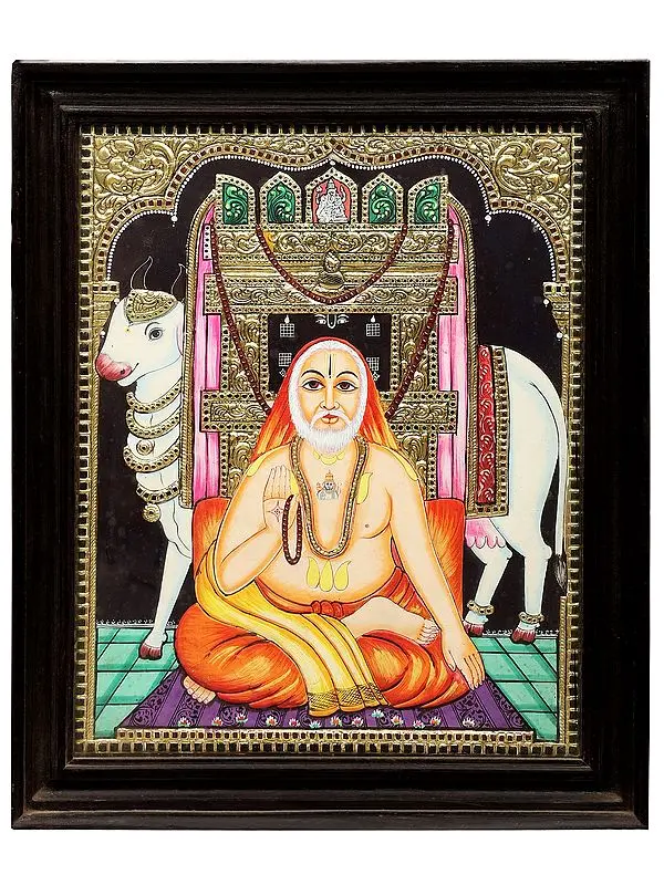 Raghavendra Swamy Tanjore Painting | Traditional Colors With 24K Gold | Teakwood Frame | Gold & Wood | Handmade