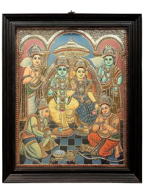 Large Ram Darbar Tanjore Painting | Traditional Colors With 24K Gold | Teakwood Frame | Gold & Wood | Handmade