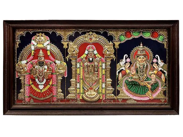 Large Lord Venkateshvara with Sridevi Bhudevi Tanjore Painting | Traditional Colors With 24K Gold | Teakwood Frame | Gold & Wood | Handmade