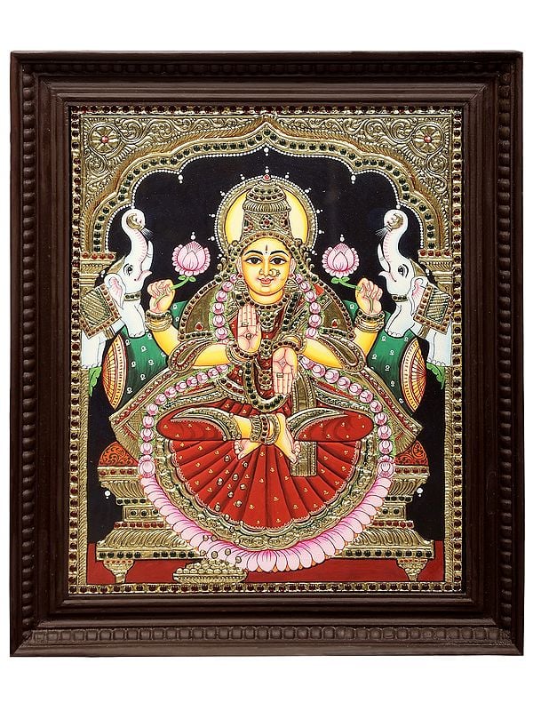 Padmasana Gajalakshmi Tanjore Painting | Traditional Colors With 24K Gold | Teakwood Frame | Handmade