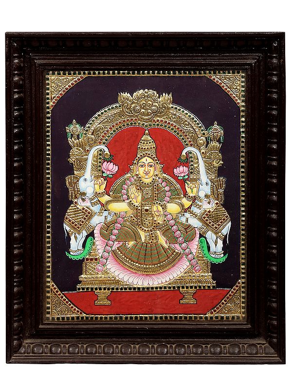 Padmasana Gajalakshmi Tanjore Painting | Traditional Colors With 24K Gold | Teakwood Frame | Handmade