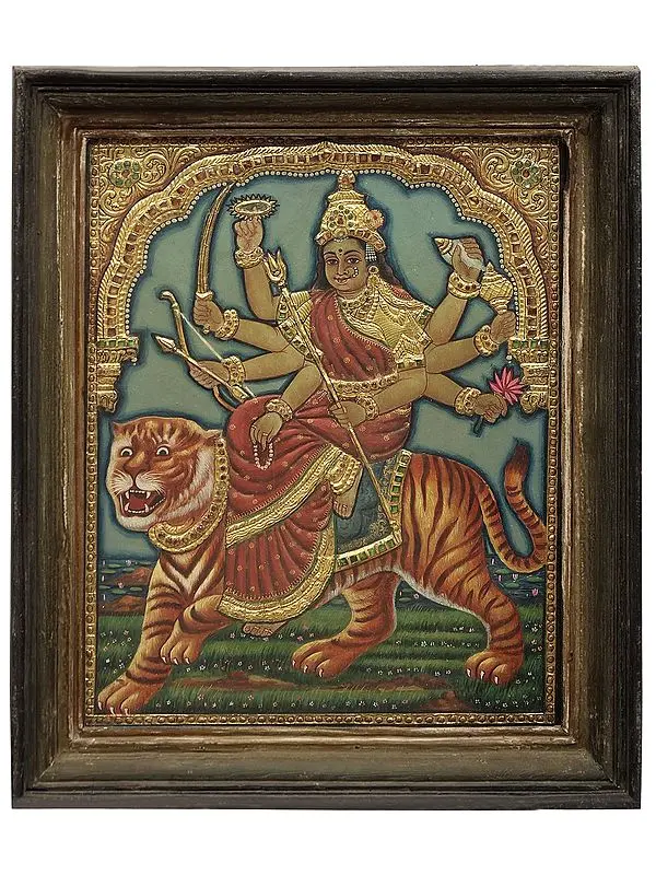 Goddess Durga Tanjore Painting | Traditional Colors With 24K Gold | Teakwood Frame | Gold & Wood | Handmade