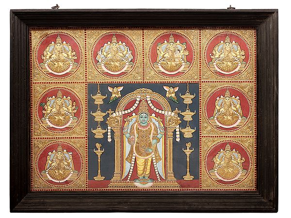 Large Lord Vishnu with Ashtalakshmi Tanjore Painting | Traditional Colors With 24K Gold | Teakwood Frame | Gold & Wood | Handmade