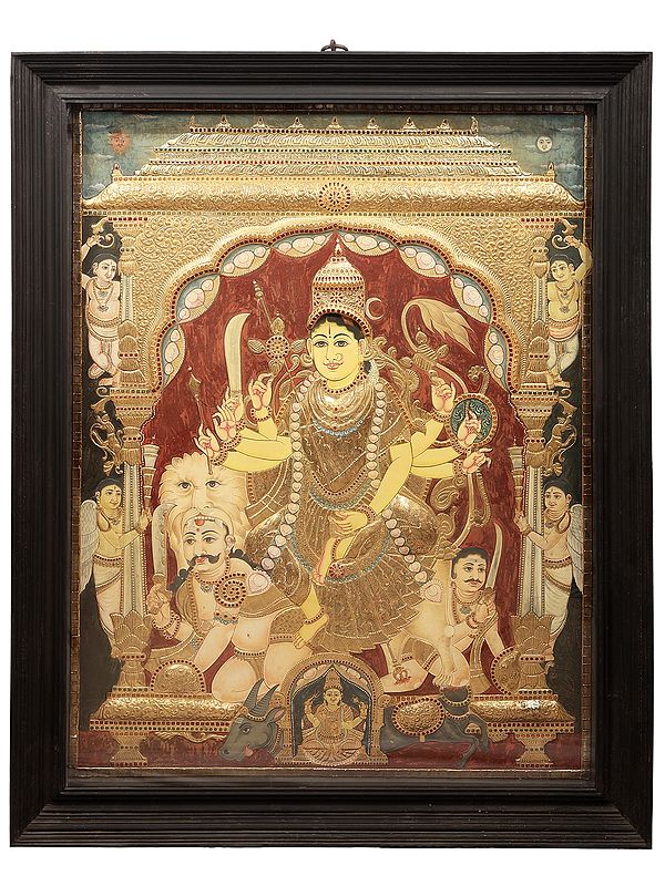 Large Goddess Durga Tanjore Painting | Traditional Colors With 24K Gold | Teakwood Frame | Gold & Wood | Handmade
