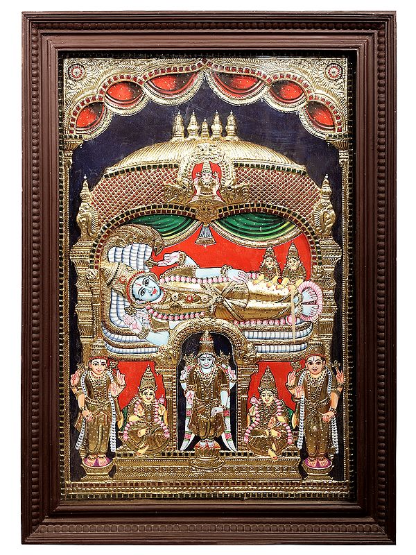 Large Shree Ranganatha Swamy Tanjore Painting | Traditional Colors With 24K Gold | Teakwood Frame | Gold & Wood | Handmade