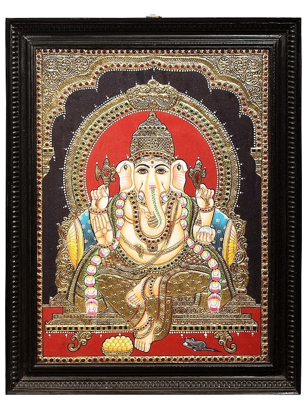 Lord Ganesha Tanjore Painting | Traditional Colors With 24K Gold | Teakwood Frame | Gold & Wood | Handmade