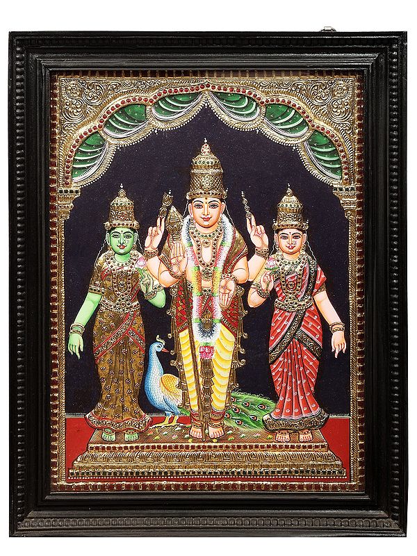 Lord Karttikeya With Devasena And Valli Tanjore Painting | Traditional Colors With 24K Gold | Teakwood Frame | Gold & Wood | Handmade